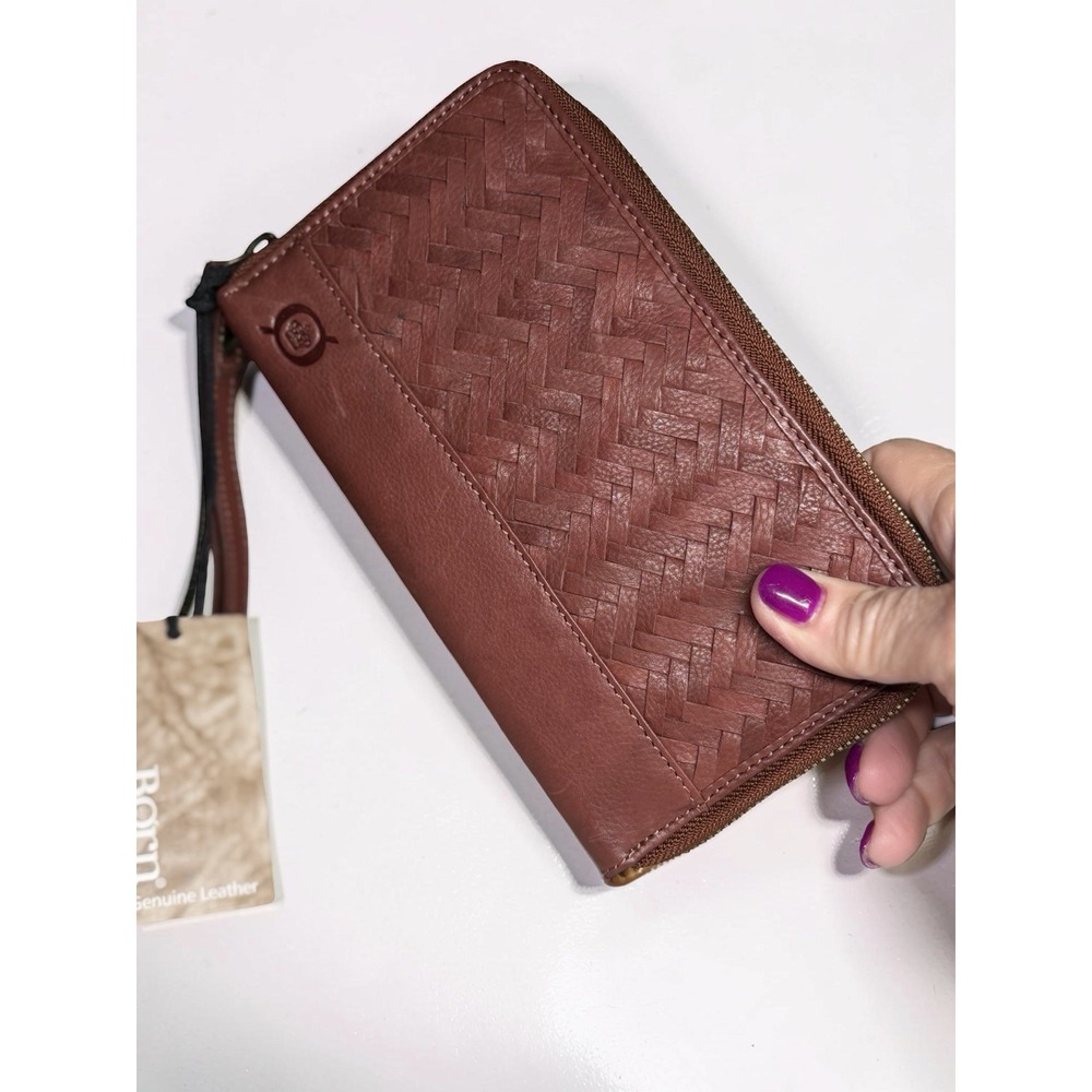 Born Bolino Genuine Leather Woven Wristlet Wallet Bag Saddle Brown NWT